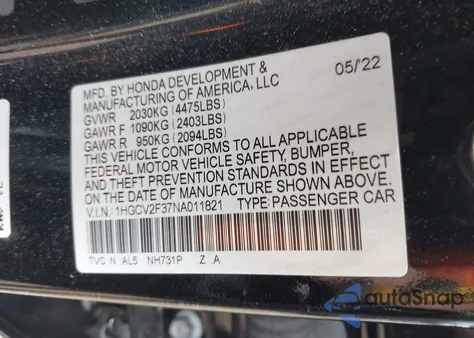 2022 Honda Accord Sport 2.0T из США, поврежденный, VIN 1HGCV2F37NA011821